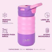 BUFFER FLASK Botella de Agua Infantil 350 ml – Termo Acero Inoxidable para Escuela – Sin BPA, Tapa con Pajilla Antifugas – Mantiene Bebidas Frías 24h / Calientes 12h – Para Niñas y Niños, Rosa - Rosa - Ver 4