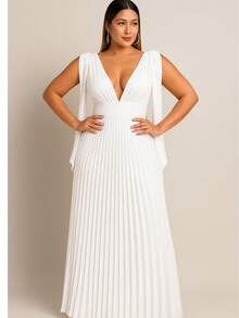 Long Pleated Dress V-Neckline Bridesmaid Dress For Wedding Graduation And Parties - 白色 - 查看 2
