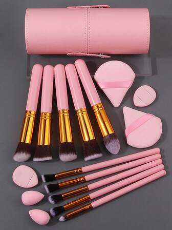 6/10/11/17pcs Premium Pink Makeup Brush Set - Includes Wooden Handle Soft Hair Multi-Functional Face Makeup Brushes + Double-Sided Flocked Powder Puff + Dry/Wet Mini Makeup Sponge + Simple Covered Storage Bucket,Brush Set,Makeup Brush Kit,Make Up Brush Set,Make Up Set Complete,Makeup Brush Set,Complete Makeup Kit,Brush Kit,Brushes Makeup Set,Makeup Gift Set