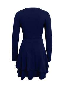 Women's Elegant Long Sleeve V-Neck Cake Dress - Fitted Waist Design, Fashionable Solid Color Autumn Outfit, Perfect For Parties And Special Occasions - Navy Blue - View 6