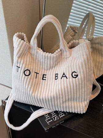 Retro European Fashion Corduroy Material Letter Print Women Elegant Shoulder Tote Bag