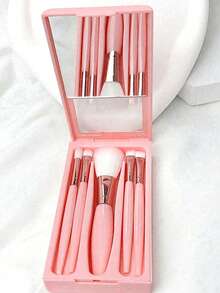 5件套便携式化妆刷套装，带镜子，白色爱心字母A-Z，盒装化妆刷套装，多功能化妆刷套装，带镜盒，迷你多功能化妆笔，粉底刷，眼影刷，新手美妆工具，混合化妆刷收纳盒，化妆刷套装，方便携带，送给女孩的礼物，化妆工具套装，理想礼物，便携式旅行必备，旅行必备品，赠品，专业化妆刷，完整化妆套装 - 粉色 - 查看 6