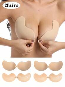 Conjunto de 2 pares de Bra adhesivo sin tirantes con forma de mango, levantador de senos y cubierta de pezón invisible de silicona autoadhesiva sin espalda
