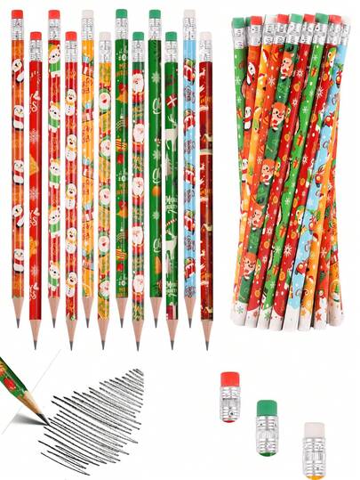36pcs/Christmas Wooden Pencil Set With Eraser, Colourful Fun Pencils Bulk Pack With Eraser Novelty Stationery Writing. Supplies, Winter Holiday Party Gifts Rewards - Stationery Party Favours Christmas Gift Fillers