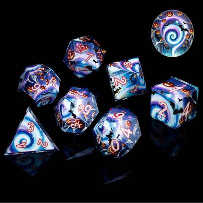 Halloween Outdoor Board Game Dice - 7-Piece Polyhedral Resin Sharp-Edged Set With Bat & Pumpkin Lantern Prints, Gift Box Packaged