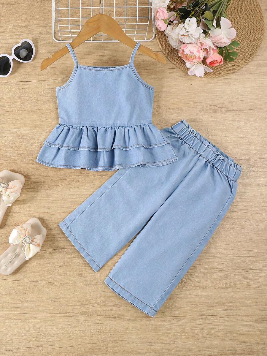 Bộ trang phục mùa hè cho bé gái - Áo denim nhún bèo không tay kết hợp với quần short denim giặt thường ngày viền ren, thích hợp cho du lịch mùa hè, đi biển hoặc mặc hàng ngày - Rửa nhẹ - Xem 1