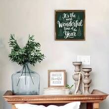 Wall Pediments 1Pc Christmas Wall Art Wood Frame Sign Christmas Holiday Atmosphere, Pine Tree Pattern, Handwritten Calligraphy Style Wall Art Paintings Ideal Gift For Living Room Bedroom Corridor Wall Decor Room Decoration Ready To Hang 8*8inch,2D Flat Christmas Decorations Home Christmas Gifts Christmas Decor