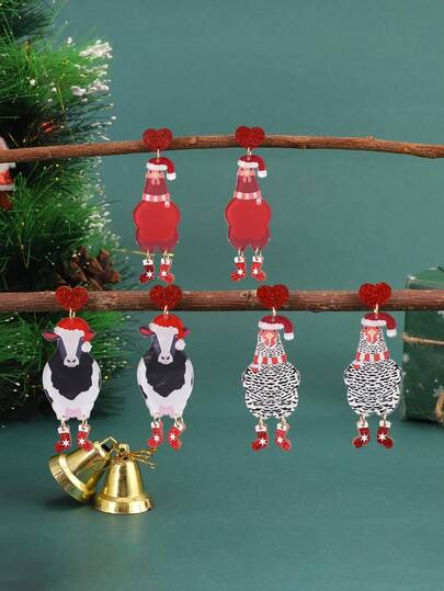 1Pair Casual Christmas Hat Animal Rooster&Cow With Christmas Snowflake Boots Acrylic Heart Earrings For Women For Merry Christmas Day Party Jewelry Accessories