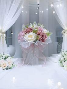 Western Style Outdoor Wedding Bride Bouquet, Imitation Rose Bridal Bouquet With Pearl & Tulle Valentine's Day Accessories - Multicolor - View 16