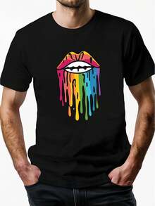 1 camiseta gráfica con estampado digital para mujer Labios, arcoíris, goteo, colores Camiseta casual de cuello redondo y manga corta. Camiseta de algodón ligera para las cuatro estaciones, lavable a máquina, no lavar en seco. - Negro - Ver 1