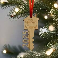 1pc Wooden Christmas Ornament In Key Shape, "Home, Sweet Home 2025" New Home Gift, Holiday Hanging Decor Home Decor Christmas Decorations Room Decor