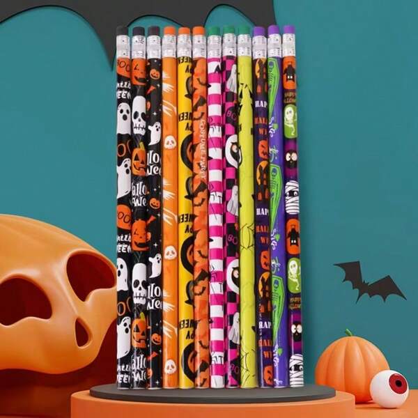 1pc Random Halloween HB Pencil, Cartoon Design High-Quality With Eraser, Round Barrel Pencil