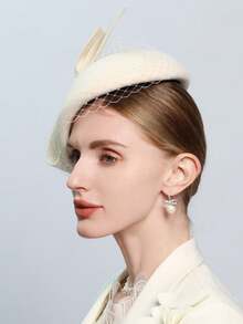 White Wool Felt Beret Fascinator Hat For Women Lady Church Tea Party Church Wedding Cocktail Winter Elegant Top Hats With Bow Veil