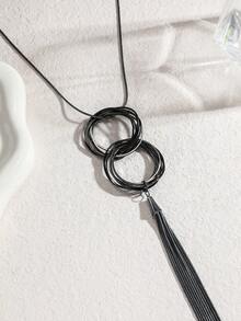 1pc Vintage Geometric Multi-Layer Round Copper Alloy Long Tassel Necklace, Unisex Couples & Best Friends Design, Elegant Minimalist Style