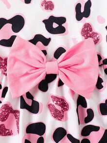 Baby Girls' Fashionable Casual Cute Leopard Print Bow Decor Round Neck Flare Sleeve Long Sleeve Top And Pink Pants With Headband Set, Spring/Autumn - Multicolor - View 6