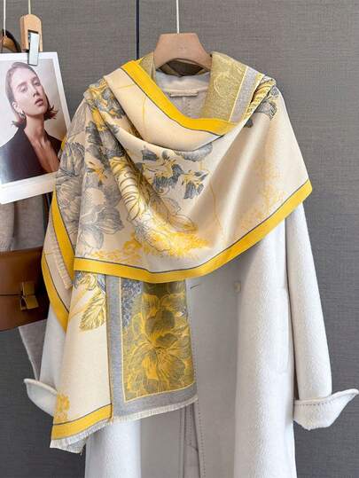 1条2025秋季新款花卉提花仿羊绒围巾，女士简约百搭加厚保暖围脖披肩，可搭配连衣裙