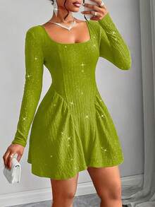 Amarilo Women's Sexy Fashion Square Neck Glitter Detail Backless Umbrella Long Sleeve Swing Skirt For Dates, Parties