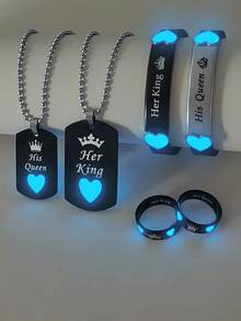 ATLVXJL 6pcs/Set Couple Friendship & Love Glow-In-The-Dark Heart, Crown, Her King & His Queen Pendant Necklace, Silicone Bracelet, Ring Jewelry Set, Casual Accessories Suitable For Daily Wear And Holiday Gift