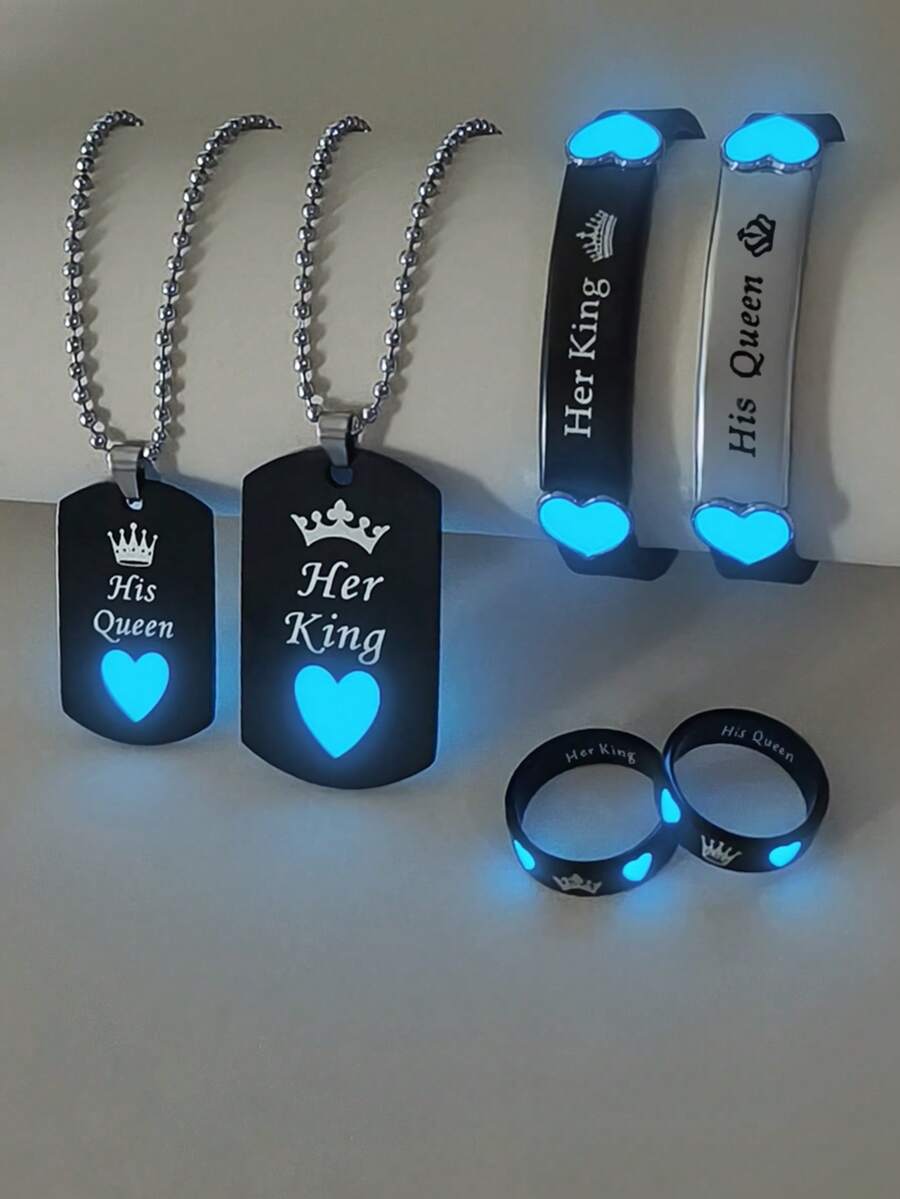 ATLVXJL 6pcs/Set Couple Friendship & Love Glow-In-The-Dark Heart, Crown, Her King & His Queen Pendant Necklace, Silicone Bracelet, Ring Jewelry Set, Casual Accessories Suitable For Daily Wear And Holiday Gift