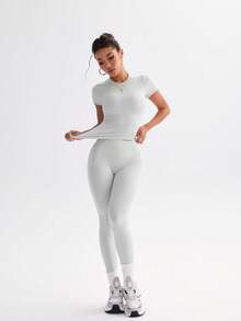 FWH 1. Cute Solid Color Crop Top, Stretchy Fitted Round Neck Sweet Fashionable Versatile Jacket, Elegant High Waist Slim Casual Tummy Control Daily Basic Dancewear Leg Lengthening Butt Lifting Street Running Yoga 2-Piece Set, Spring/Summer - Xám - Xem 4