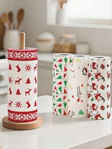Christmas Kitchen Paper Rolls - Thickened 3-Ply Disposable Cleaning Cloths, Dual-Use Wet & Dry Washable Oil-Free Rags For Home Use, Random Styles, Household Cleaning Tools, Perfect Holiday Gift - Multicolor - View 2