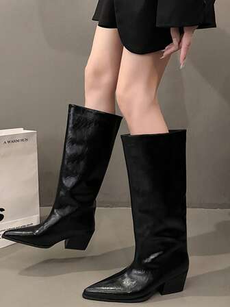 靴子，黑色靴子，女士靴子，尖头粗跟高跟靴，女士过膝长靴，女士大码宽筒靴，女士冬季靴，派对靴
