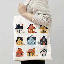 1pc Cartoon House Illustration Canvas Tote Bag - 13.8x15.8 Reusable Grocery Bag, Durable Polyester Canvas With Leak-Proof Design, Colorful Whimsical Houses Pattern Daily Commute, School, Shopping - House Lovers (Mother's Day, Graduation, Easter), Everyday Carryall, Sturdy Construction, Students And Commuters