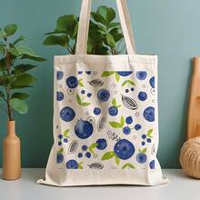 1pc Blueberry Print Canvas Tote Bag - Reusable Grocery Bag 13.8x15.8 Leak-Proof Durable Polyester Canvas Shopping, Beach, Work, School - Stylish Fruit Design Holiday (Easter, Mother's Day, Graduation), Grocery Tote Bag, Beach Carryall