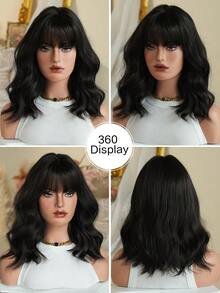 AKAKO Short Wave Black Wigs For Women Synthetic Bob Wavy Curly Wig With Bangs, Premium Soft Heat-Resistant Hairpiece For Daily Wear, Festivals & Music Festivals & Halloween Cosplay Use 14 Inch