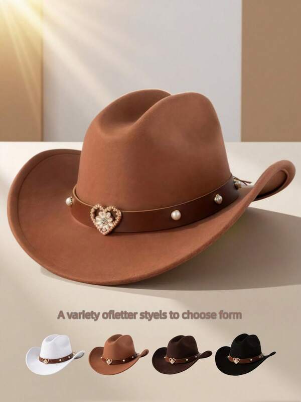 1 peça de chapéu de feltro com aba da moda, decorado com cinto de tachas em formato de coração marrom e dourado, chapéu de festa de cowboy ocidental exclusivo, boné de montaria versátil unissex