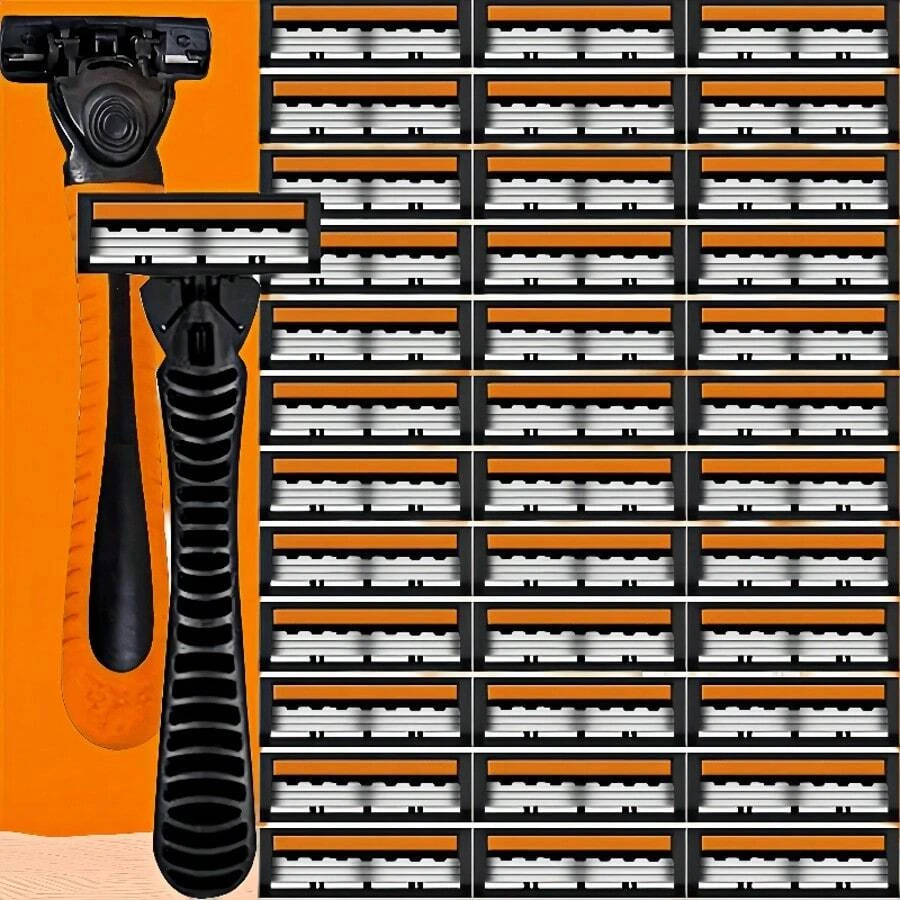 Men's Manual Safety Razor, Triple Layer Stainless Steel Blades, Replaceable Shaving Head