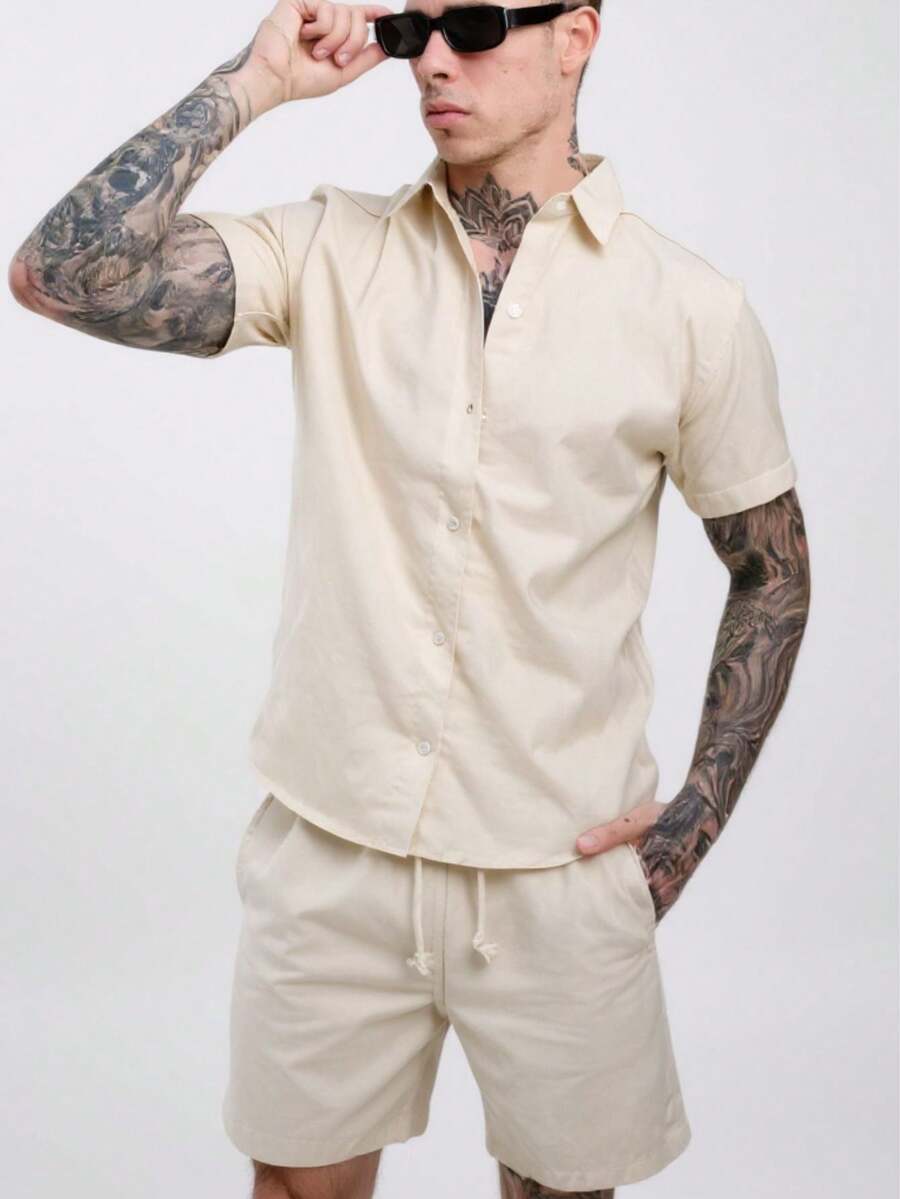 Men's Linen Set: Formal Shirt, Bermuda Shorts, Linen - Beige - View 1