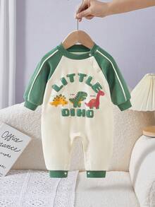 男婴长袖撞色恐龙印花连体衣，运动户外套装