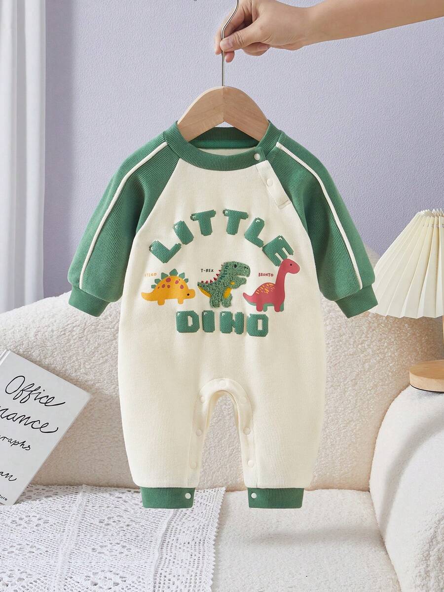 男婴长袖撞色恐龙印花连体衣，运动户外套装
