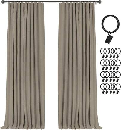 % Blackout Curtains Bedroom, 84 Inch Long Blackout Curtains, Clip Rings Linen Drapes, Thermal Insulated Room Darkening Living Room, 2 Panels - Beige, W50xL84, Bedroom Decor