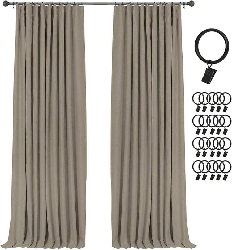 % Blackout Curtains Bedroom, 84 Inch Long Blackout Curtains, Clip Rings Linen Drapes, Thermal Insulated Room Darkening Living Room, 2 Panels - Beige, W50xL84, Bedroom Decor - 虛假的 - 查看 1