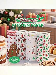 Christmas Kitchen Paper Rolls - Thickened 3-Ply Disposable Cleaning Cloths, Dual-Use Wet & Dry Washable Oil-Free Rags For Home Use, Random Styles, Household Cleaning Tools, Perfect Holiday Gift - Multicolor - View 1