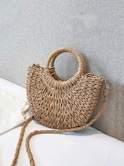 1 pezzo di semplice borsa intrecciata in paglia, borsa a tracolla circolare, borsa da spiaggia, borsa intrecciata retrò, borsa a tracolla singola, borsa a tracolla intrecciata in paglia con decorazione margherita, borsetta fatta a mano, borsa estiva bohémien