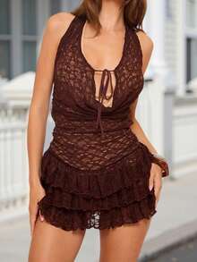 Women's Summer Lace Tank Dress Sleeveless Open Back Halter Neck Tiered Hem Dress - Dark Brown - View 3