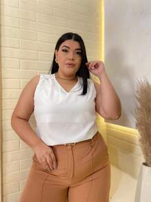 RAINBOW Plain Tank Top Sleeveless Blouse Plain Creppinho With 4 Buttons Plus Size G1G2G3 46-52 Casual Women - 62-BRANCO - 查看 3