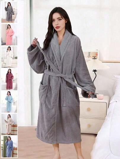 1 Coral Wool Bathrobe Available In Multiple Colors, Plain Design Women's Bathrobe With Belt And Pocket, Wearable Towel, Bath Towel, Robe, Women's Bathrobe Women's Towel, Ultra Soft Velvet, Absorbent, Warm, Sleepwear, Neutral Home Wear, Home Wear, Suitable For Families, Hotels, Bathrooms, Bedrooms, Spas, Swimming Pools, Parties, Seasonal Holiday Gifts, Back To School