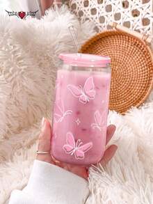 2 件/套蝴蝶盖吸管玻璃杯 - 大容量[450ML/15.22oz]罐形水瓶、冰咖啡杯、奶茶吸管杯、饮料吸管杯，送给朋友的最佳礼物！ - 彩色 - 查看 5