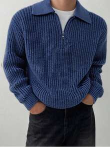 1pc Boys & Teens' Simple Stylish Solid Color Comfortable Casual Outdoor Zip-Up Warm Thick Knit Sweater, Spring/Autumn/Winter