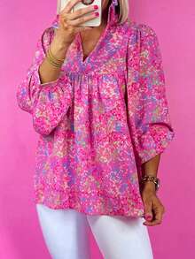 Acelitt 夏季时尚抽象印花长袖宽松Polo领套头衫