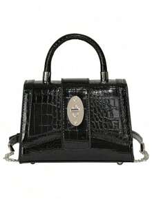 优雅鳄鱼压纹休闲百搭单肩托特包 - 黑色 - 查看 8