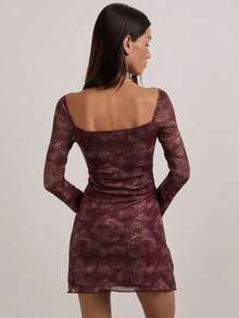 Vestido Corpete Plissado com Estampa de Tela de Budapeste, Manga Sino, Elegante para Festa/Feriado/Estilo de Rua, Outono/Inverno