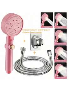 1pc/3PCS High-Pressure Shower Head And Hose And Bracket Set, High-Pressure Rain Shower Head Combination, Five Water Spraying Modes, Powerful Bathroom Shower Head, With Powerful Spray, Small Silicone Nozzle, Water-Saving Hand-Held Shower Head, Wall Mounted, Plastic, Round Design, 1.6GPM Dry Skin And Hair, Bathroom Accessories,