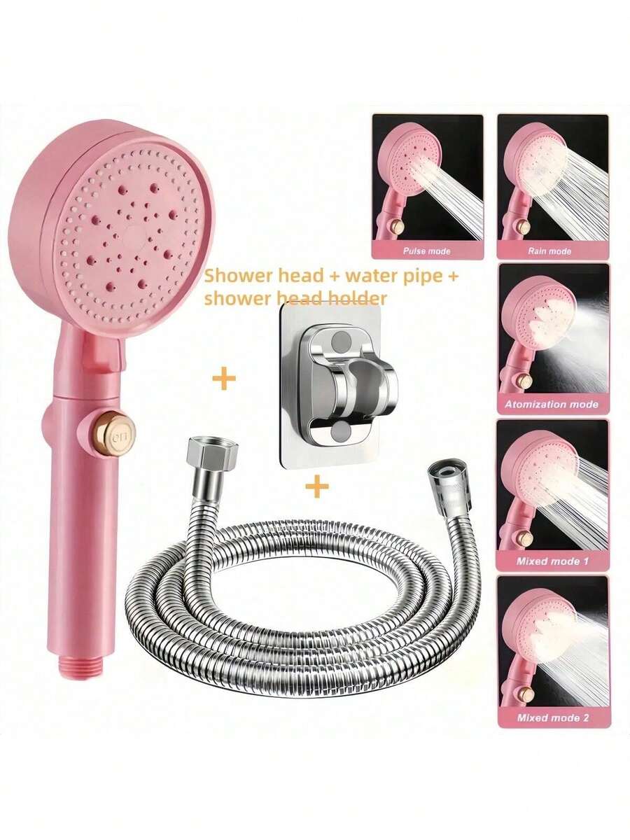 1pc/3PCS High-Pressure Shower Head And Hose And Bracket Set, High-Pressure Rain Shower Head Combination, Five Water Spraying Modes, Powerful Bathroom Shower Head, With Powerful Spray, Small Silicone Nozzle, Water-Saving Hand-Held Shower Head, Wall Mounted, Plastic, Round Design, 1.6GPM Dry Skin And Hair, Bathroom Accessories,
