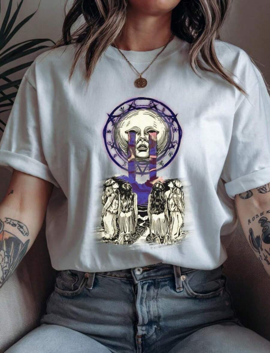 Gothic  T-Shirt Occult Rave Crying Moon Graphic Tee - White - View 1