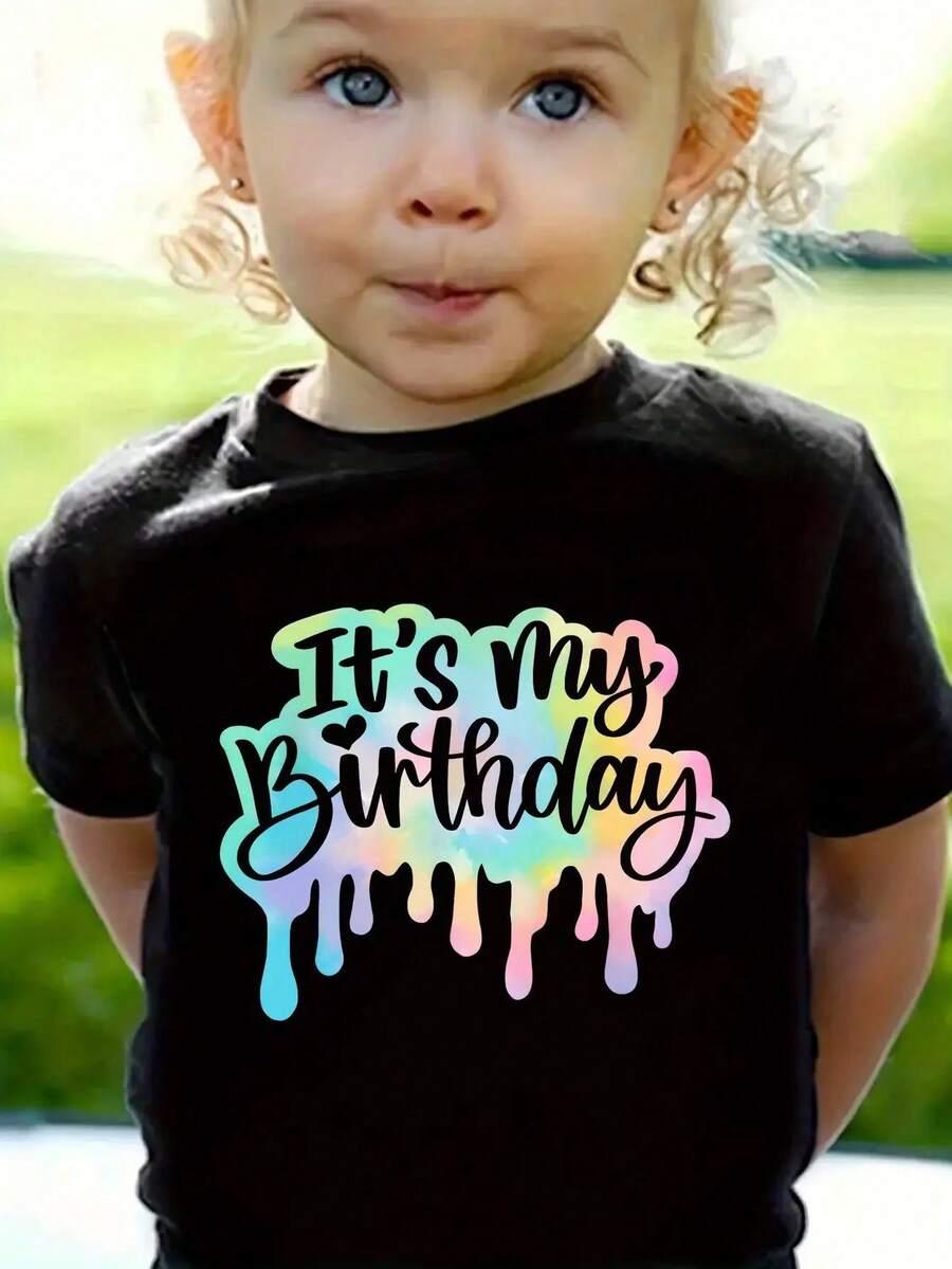 Girls Cute Round Neck 'It's My Birthday' Graphic Short Sleeve T-Shirt Casual Tee Tops Summer Children Clothing - 黑色 - 查看 1